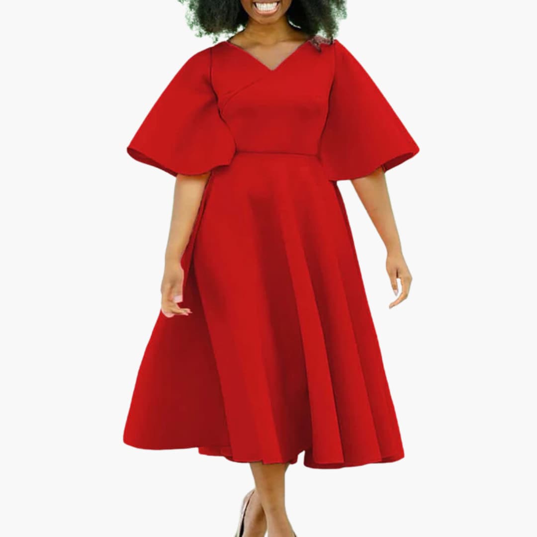 Women’s Midi Dress with V-Neckline and Flutter Sleeves
