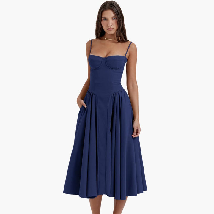Women’s Midi Dress with Square Neck and Pleated Skirt