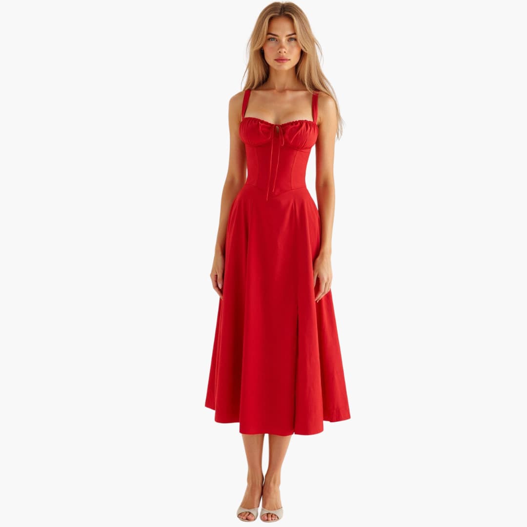 Women’s Midi Dress with Waist Tie and Lace-Up Bodice