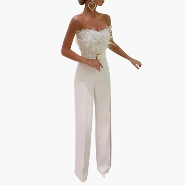 Women’s Strapless Jumpsuit with Feather Top and Wide Legs