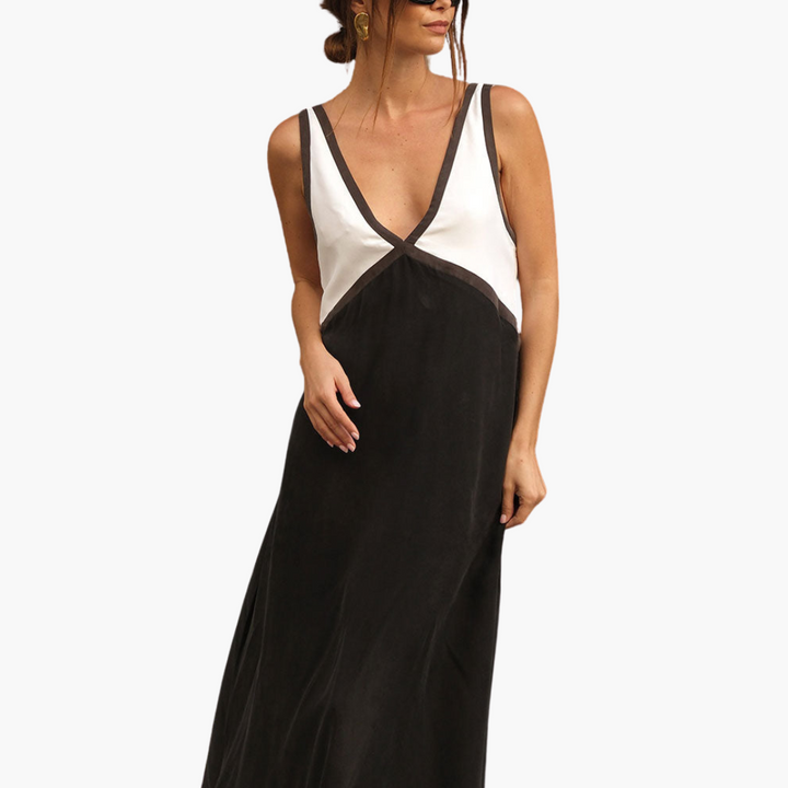 Women’s Maxi Dress with V-Neck and Color-Block Design
