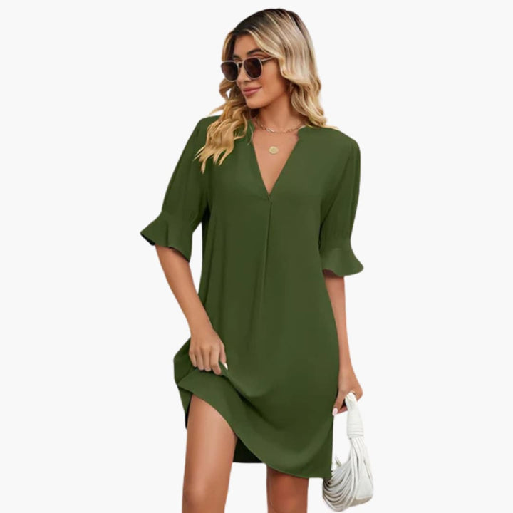 Women’s Shift Dress with V-Neckline and Ruffle Sleeves