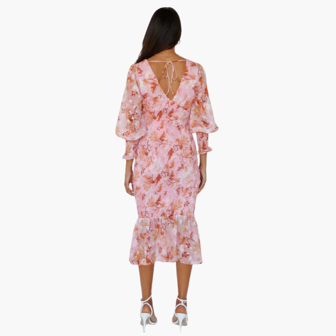 Women’s Midi Dress with V-Neck and Puff Sleeves