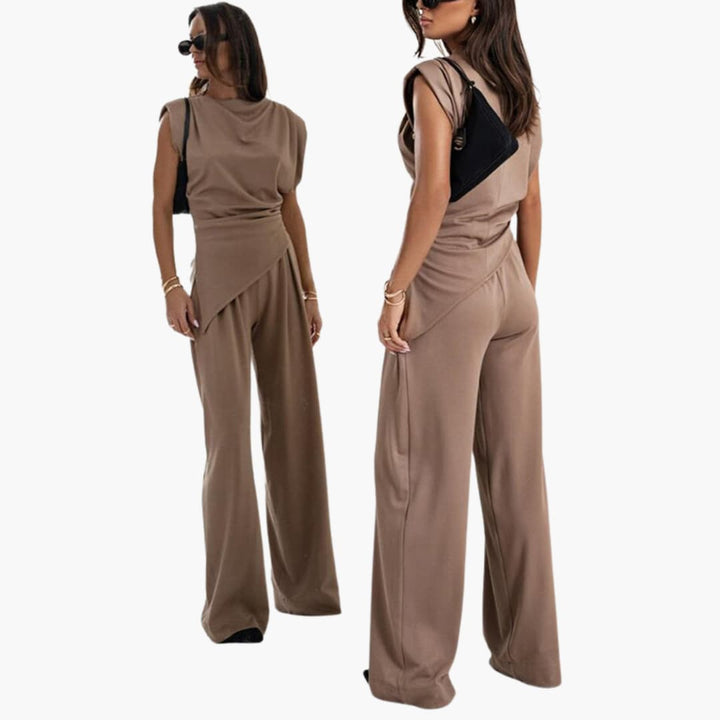 Women’s Two-Piece Set with Draped Top and Wide-Leg Pants