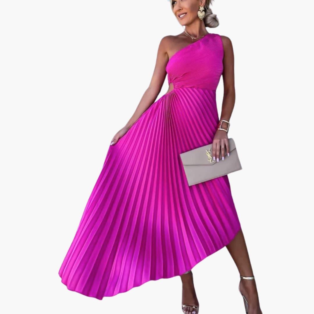Women’s Asymmetrical Cocktail Dress with One-Shoulder Cut and Pleated Design