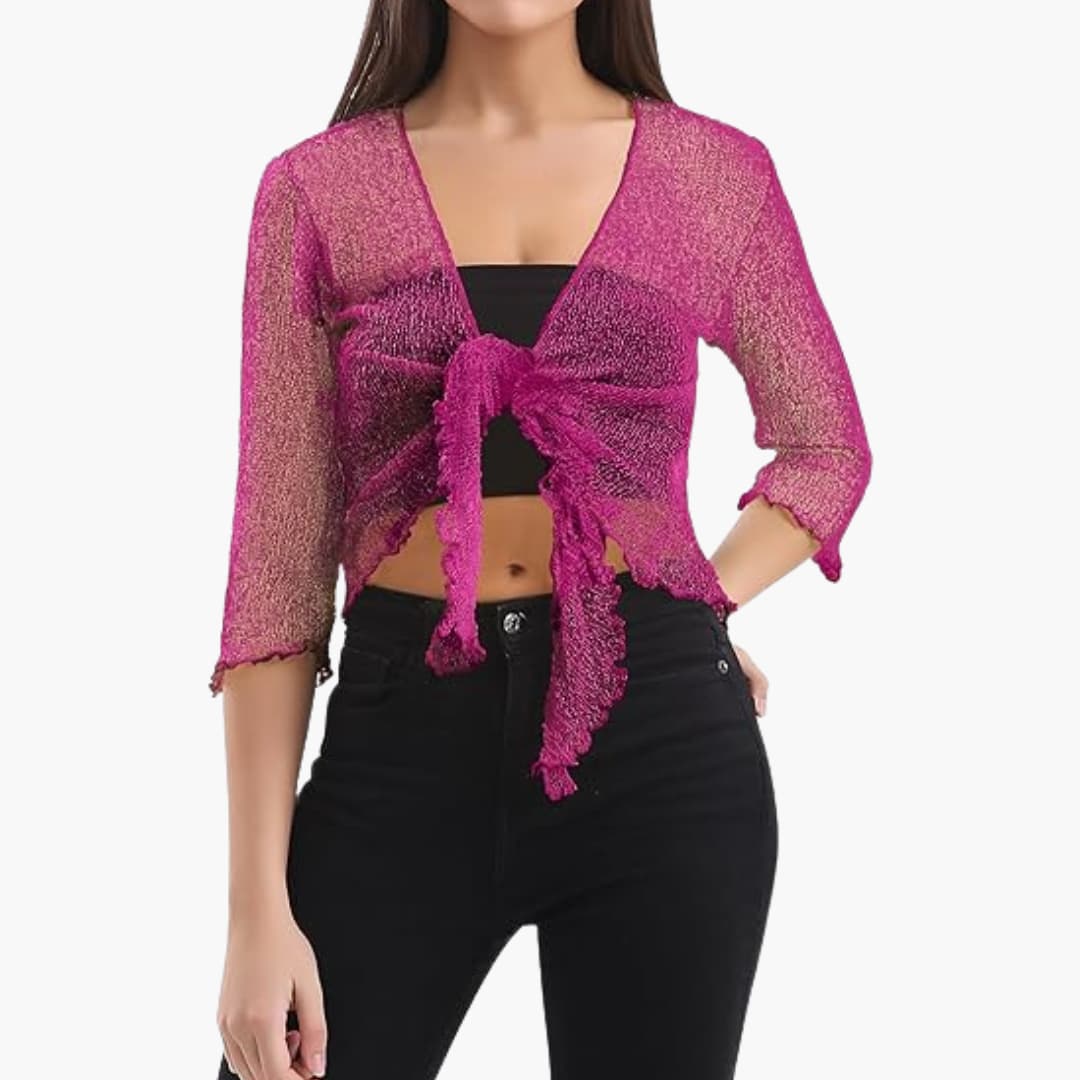 Women’s Cropped Tie-Up Shrug with Three-Quarter Sleeves and Sheer Knit