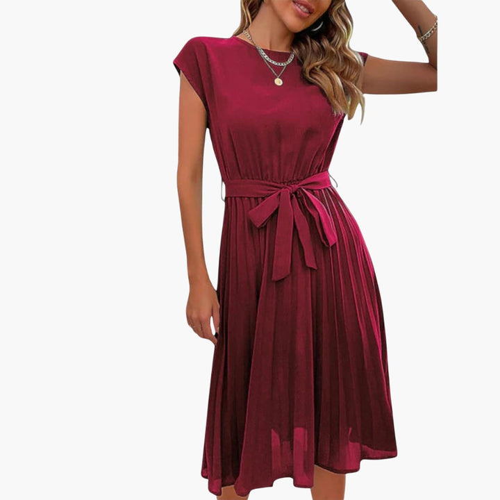 Women’s Casual Midi Dress with Pleated Skirt and Tie Waist