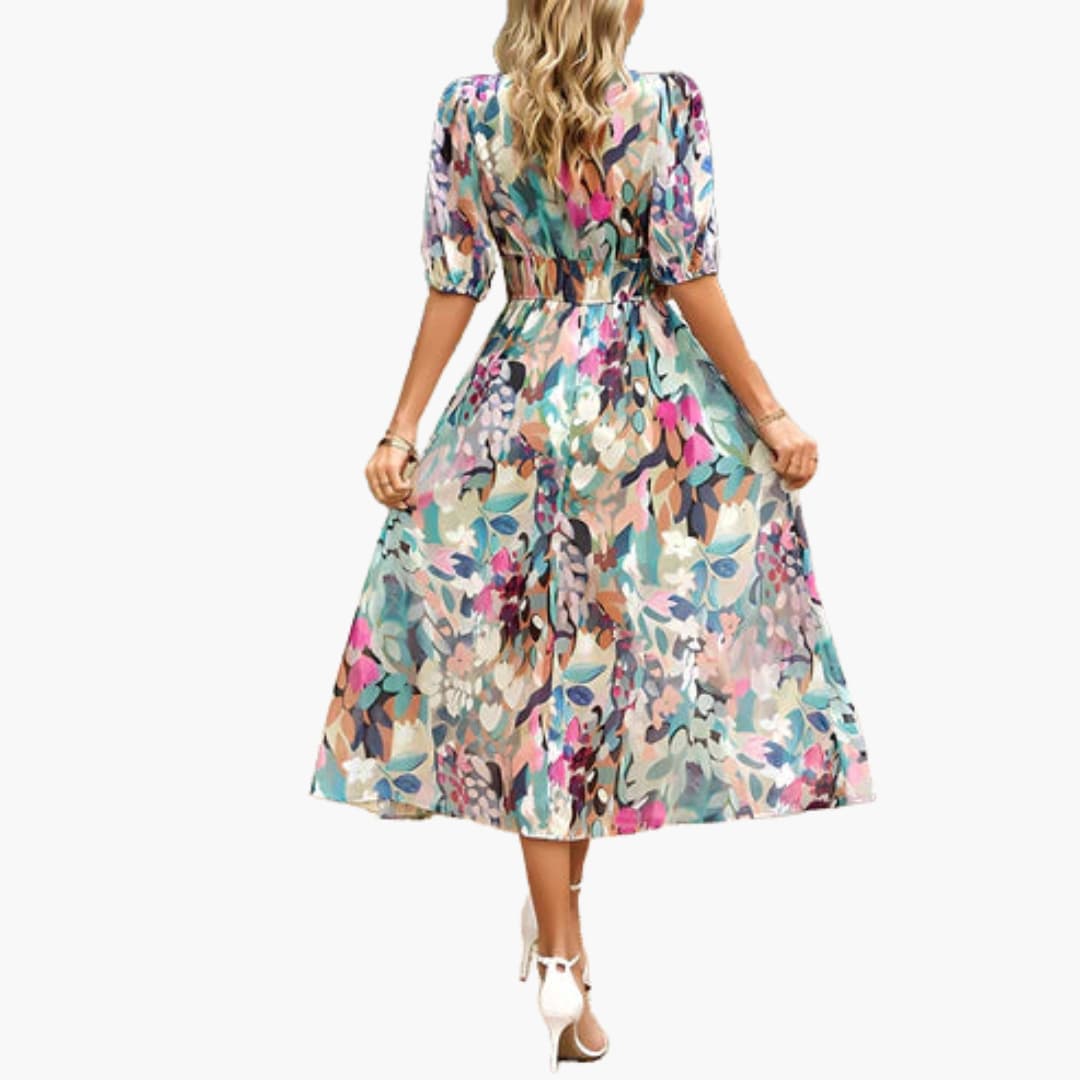 Women’s Midi Dress with Lantern Sleeves and Flared Skirt
