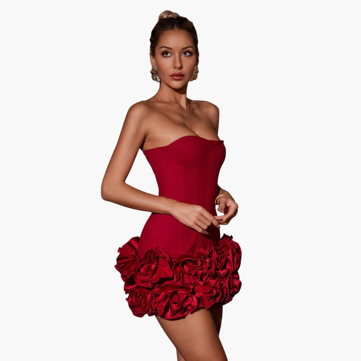 Women’s mini dress with strapless corset bodice and ruffled skirt