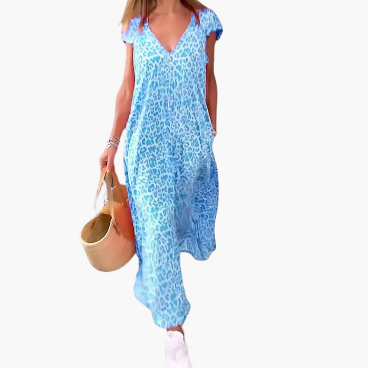 Women’s Midi Dress with V-Neck and Leopard Print