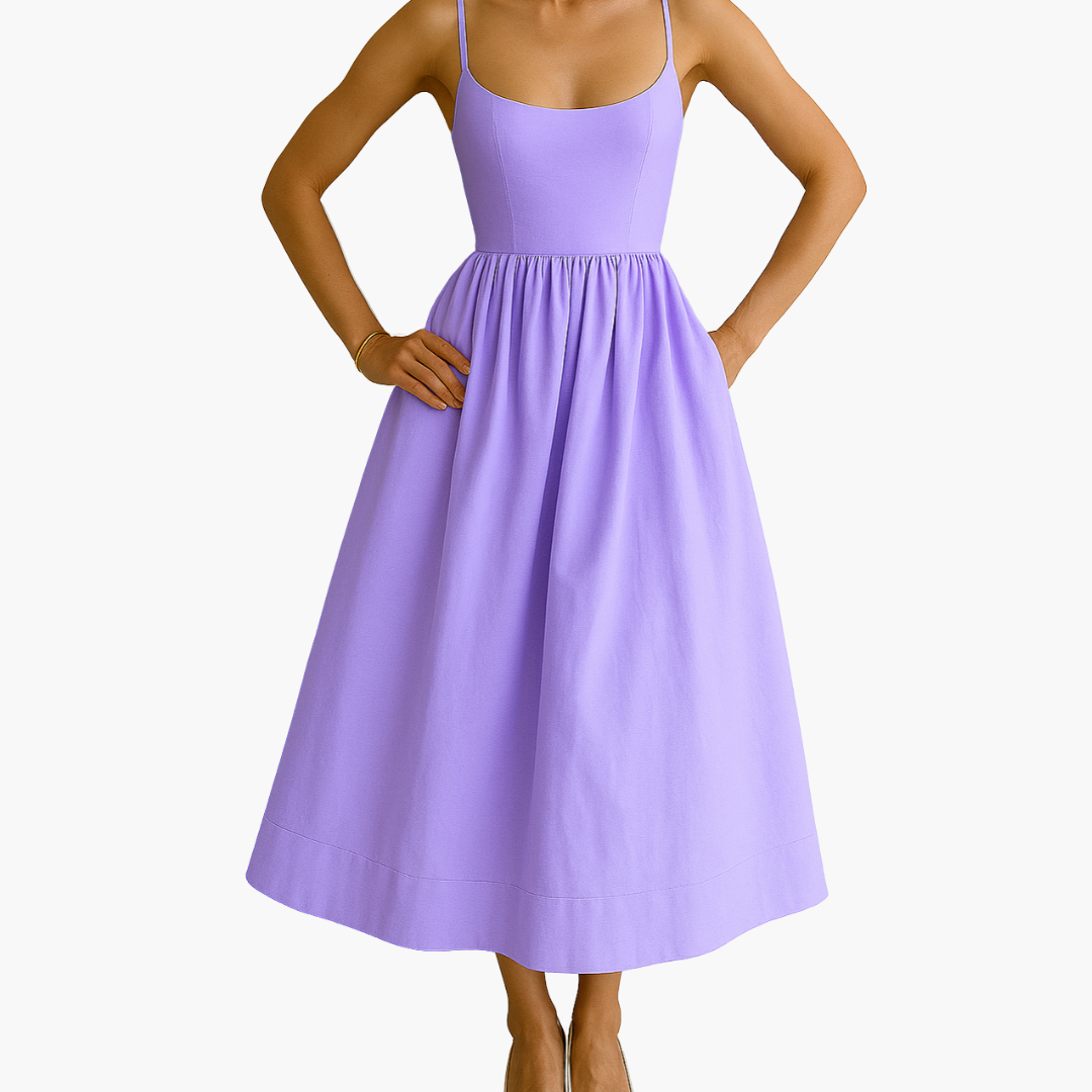 Women’s Elegant Sleeveless Midi Dress with Tailored Bodice and Flared Skirt