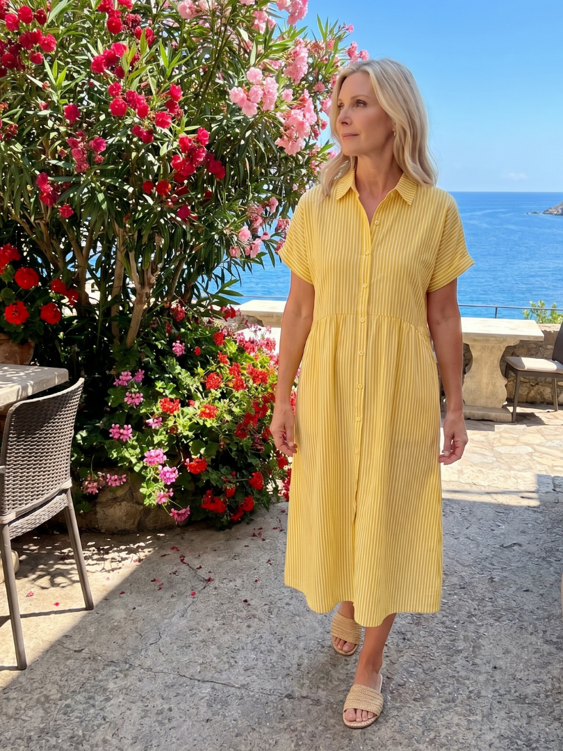 Rosamund | Short Sleeve Stripe Pattern Midi Dress