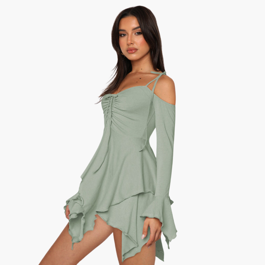 Women’s Mini Dress with Off-the-Shoulder Neckline and Layered Design