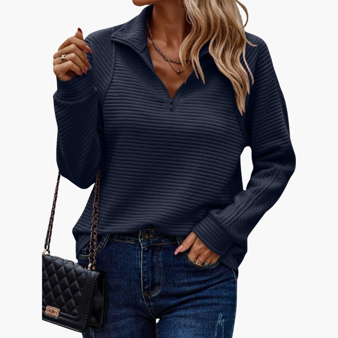 Women’s Sweater with Quarter-Zip Neckline and Ribbed Knit Texture