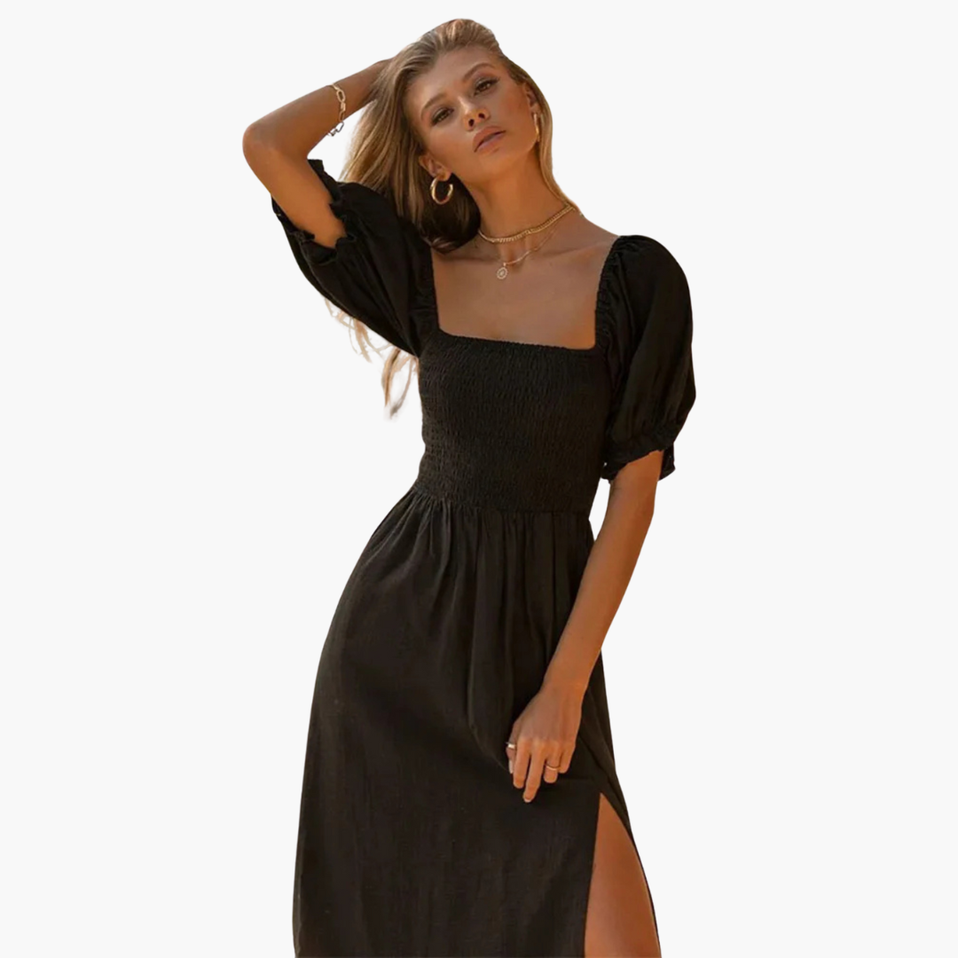 Women’s Midi Dress with Smocked Bodice and Puff Sleeves