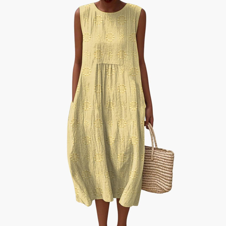 Women’s Sleeveless Midi Dress with Floral Pattern and Side Pockets