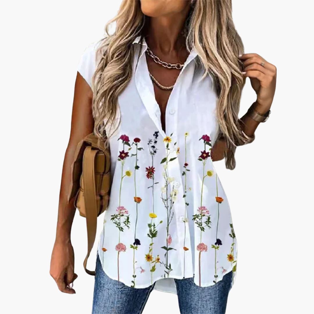 Women’s Sleeveless Blouse with Collar and Button Fastening