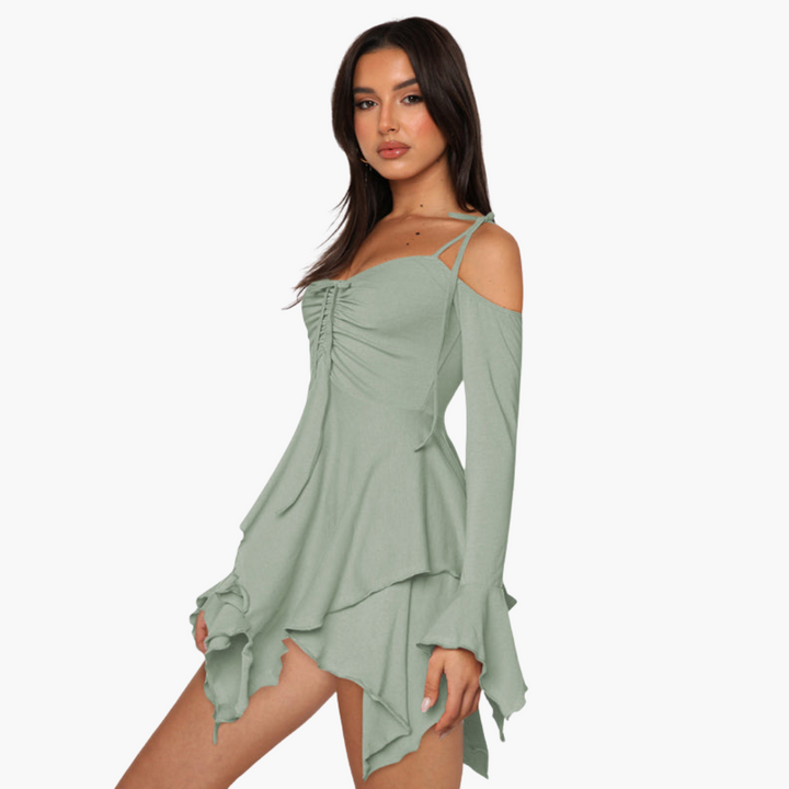 Women’s Mini Dress with Off-the-Shoulder Neckline and Layered Design