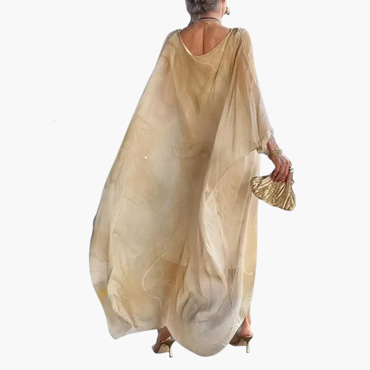 Women’s Maxi Dress with Batwing Sleeves and Round Neckline