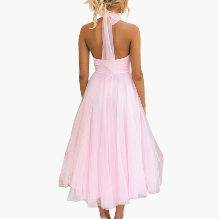 Women’s Tulle Dress with Halter Neck and Flowing Skirt