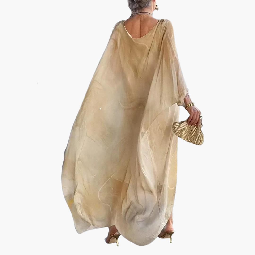 Women’s Maxi Dress with Batwing Sleeves and Round Neckline