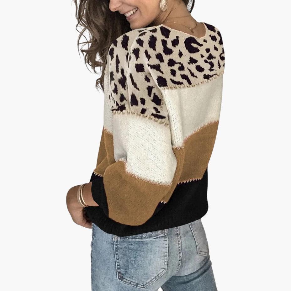 Women’s Knit Sweater with Leopard Print and Long Sleeves