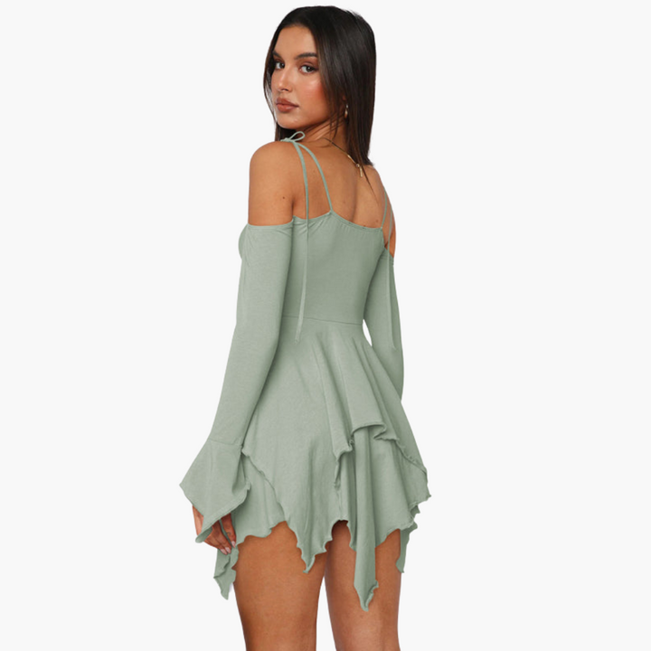 Women’s Mini Dress with Off-the-Shoulder Neckline and Layered Design