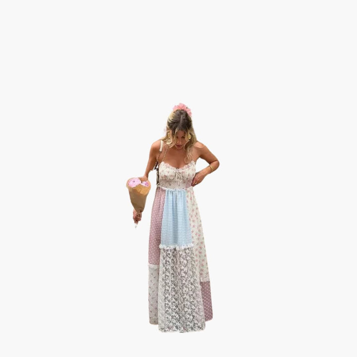 Women’s Patchwork Maxi Dress with Lace-Up Detail