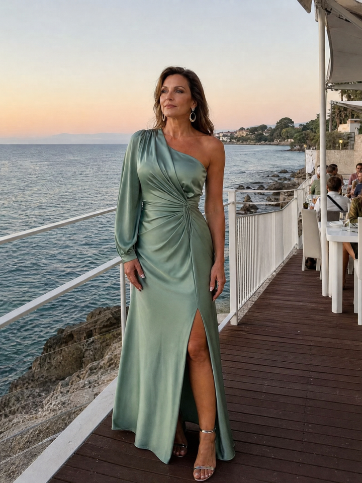 Roniol | One Shoulder Draped Slit Maxi Dress