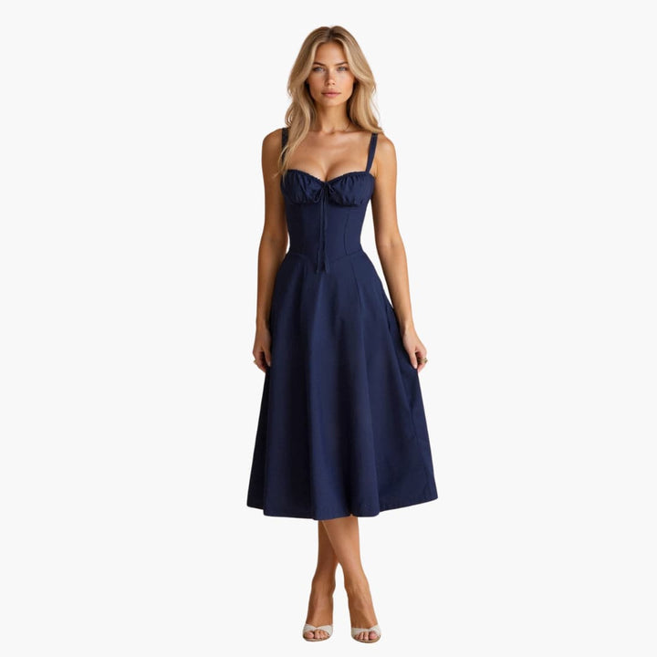 Women’s Midi Dress with Waist Tie and Lace-Up Bodice