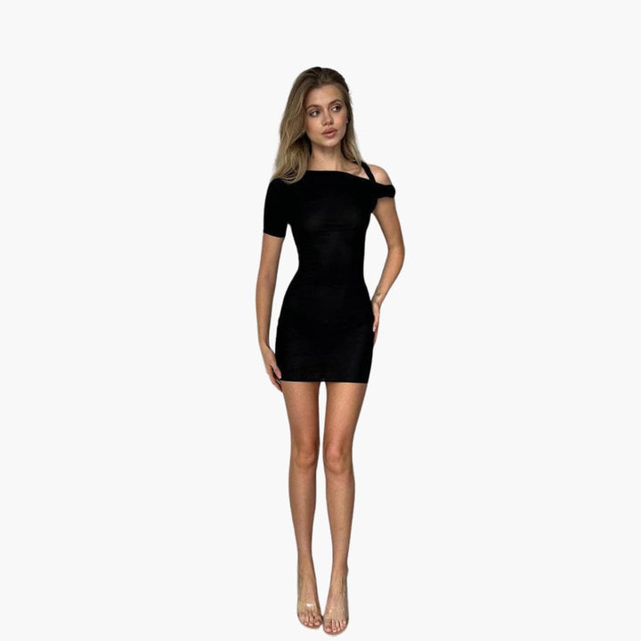 Women’s Mini Dress with Asymmetrical Neckline and Single Short Sleeve