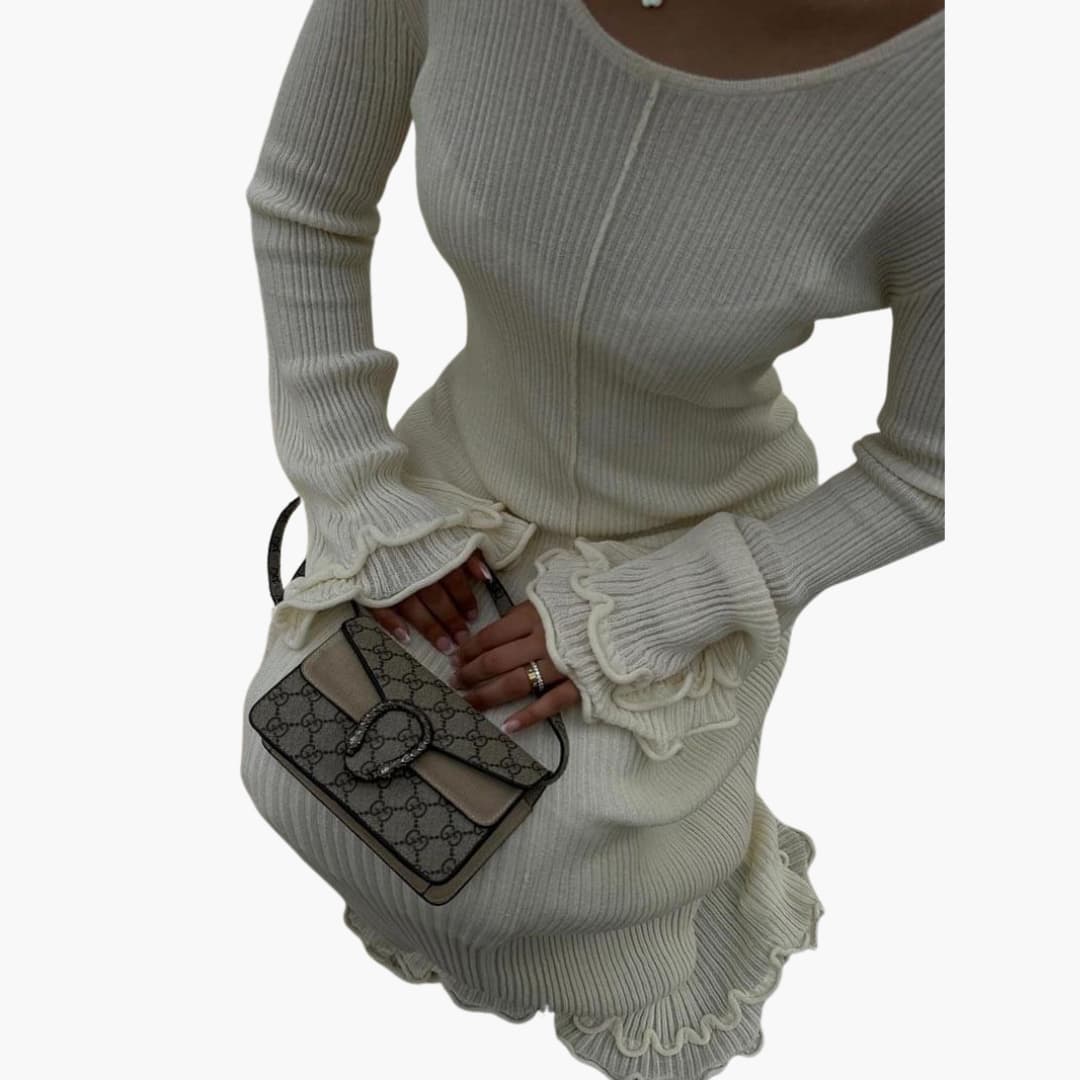 Women’s Knit Maxi Dress with Open Back and Trumpet Sleeves
