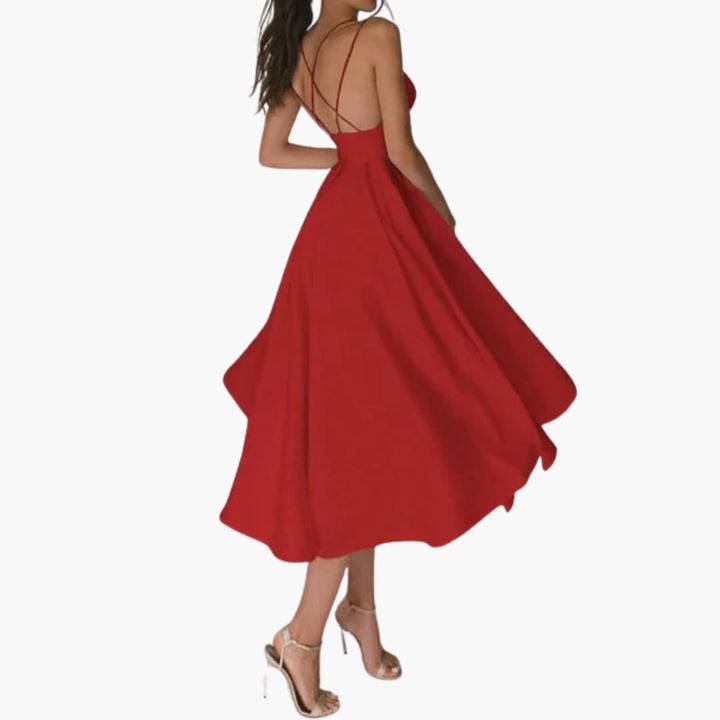 Women’s Midi Dress with Open Back and Flared Skirt