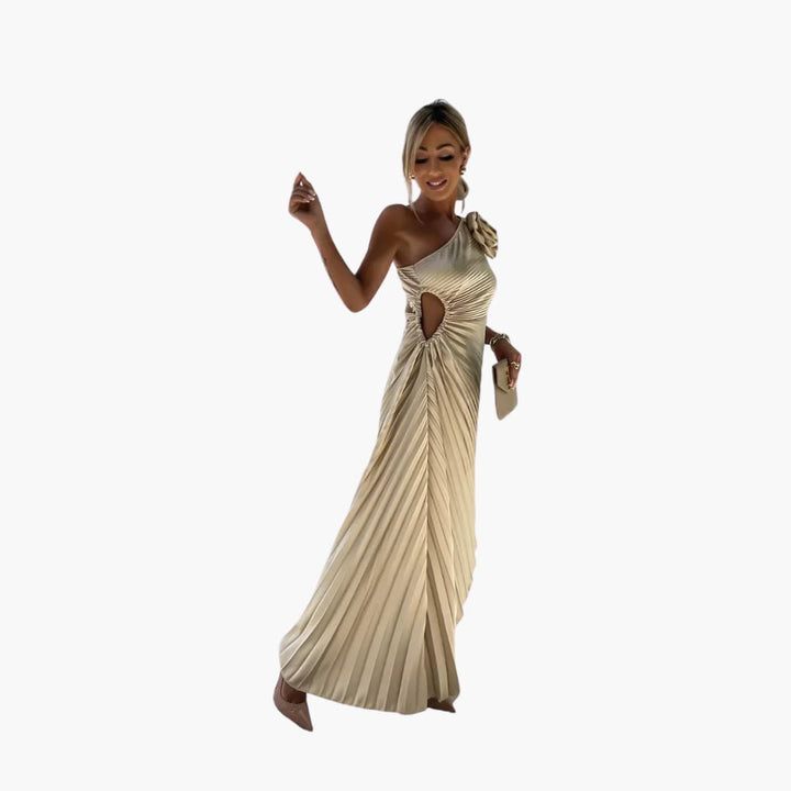Women’s Midi Dress with Pleated Skirt and Floral Detail