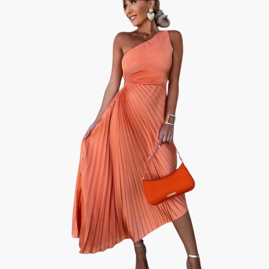 Women’s Asymmetrical Cocktail Dress with One-Shoulder Cut and Pleated Design
