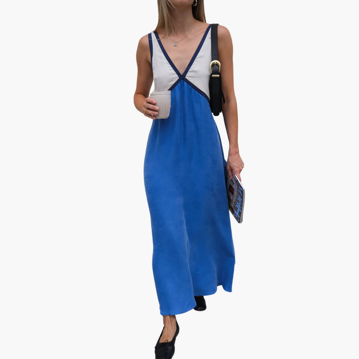 Women’s Maxi Dress with V-Neck and Color-Block Design
