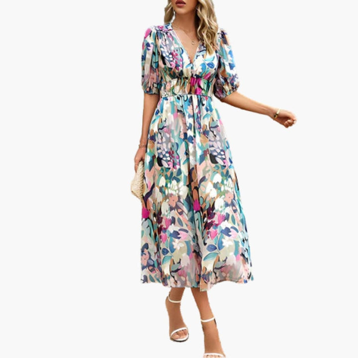 Women’s Midi Dress with Lantern Sleeves and Flared Skirt