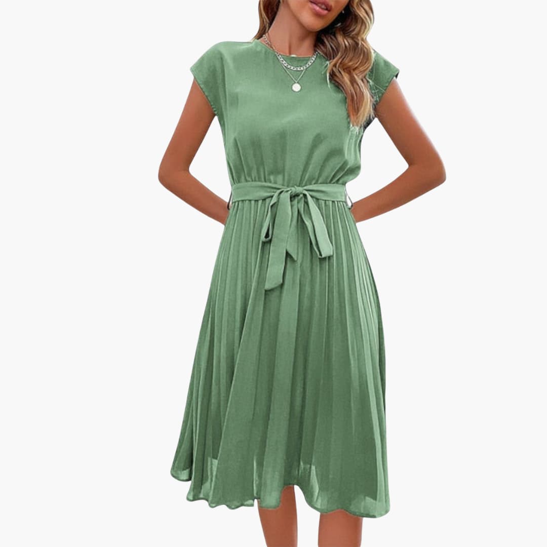 Women’s Casual Midi Dress with Pleated Skirt and Tie Waist