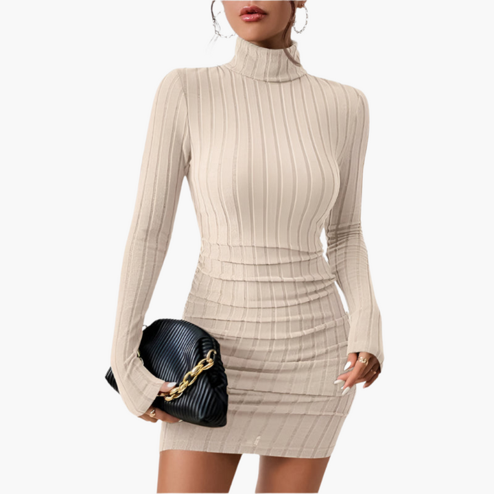 Women’s Turtleneck Dress with Ribbed Texture and Long Sleeves