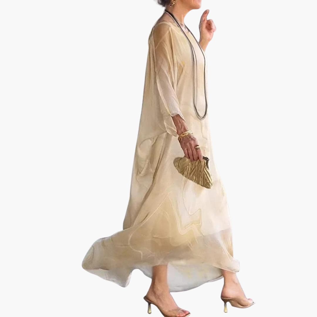 Women’s Maxi Dress with Batwing Sleeves and Round Neckline