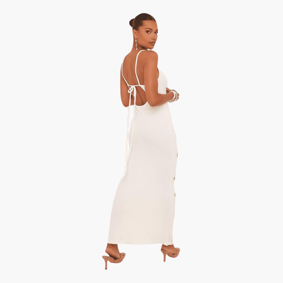 Women’s Strappy Maxi Dress with Low Neckline and Long Skirt