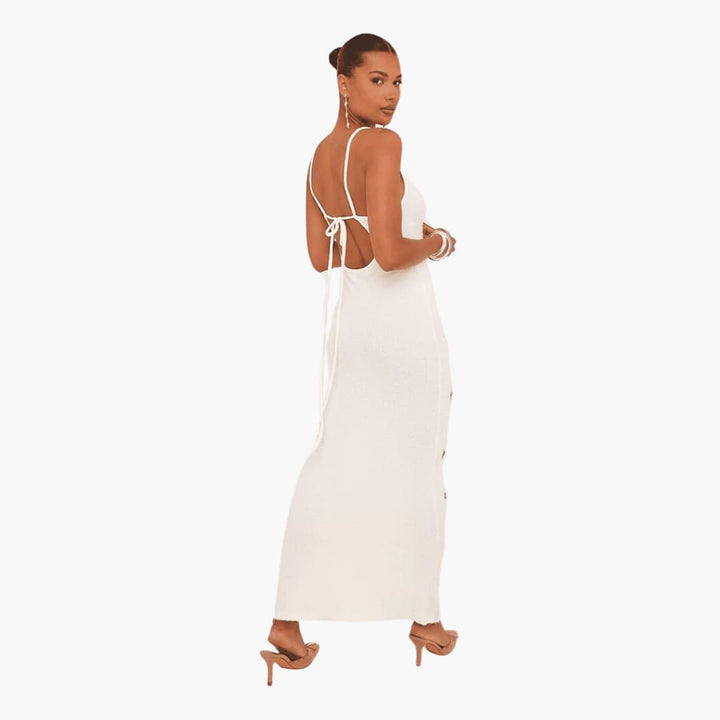 Women’s Strappy Maxi Dress with Low Neckline and Long Skirt