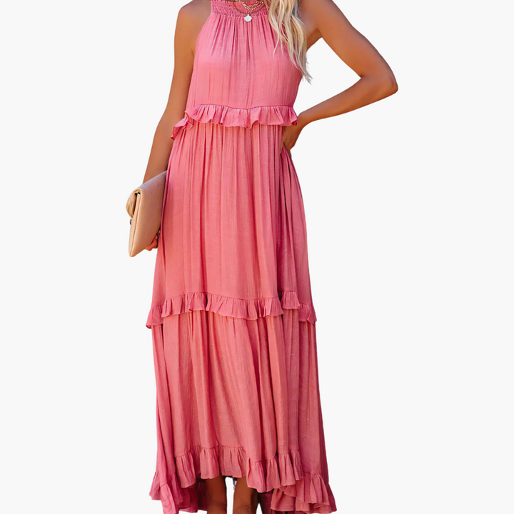 Women’s Maxi Dress with Cascading Ruffle Tiers and Adjustable Straps