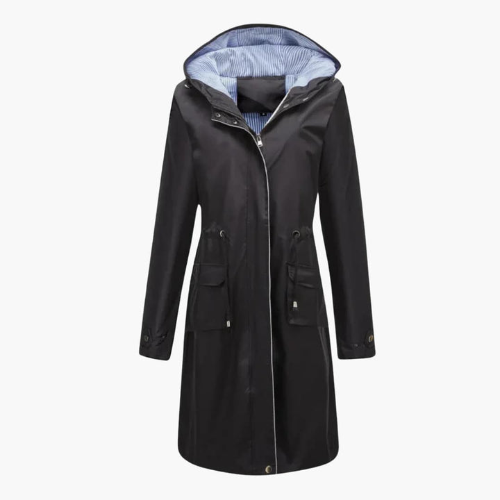 Women’s Hooded Trench Coat with Zip Closure and Drawstring Waist