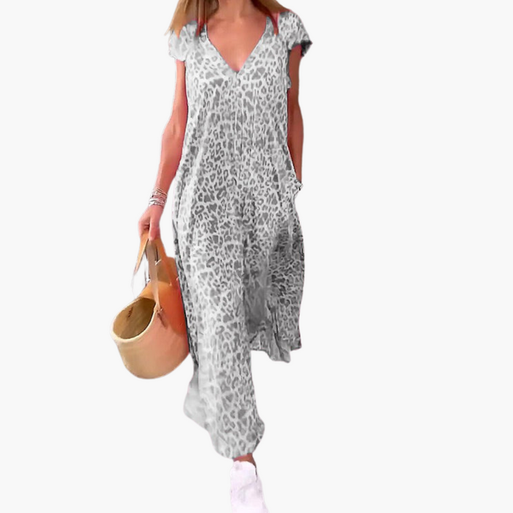 Women’s Midi Dress with V-Neck and Leopard Print
