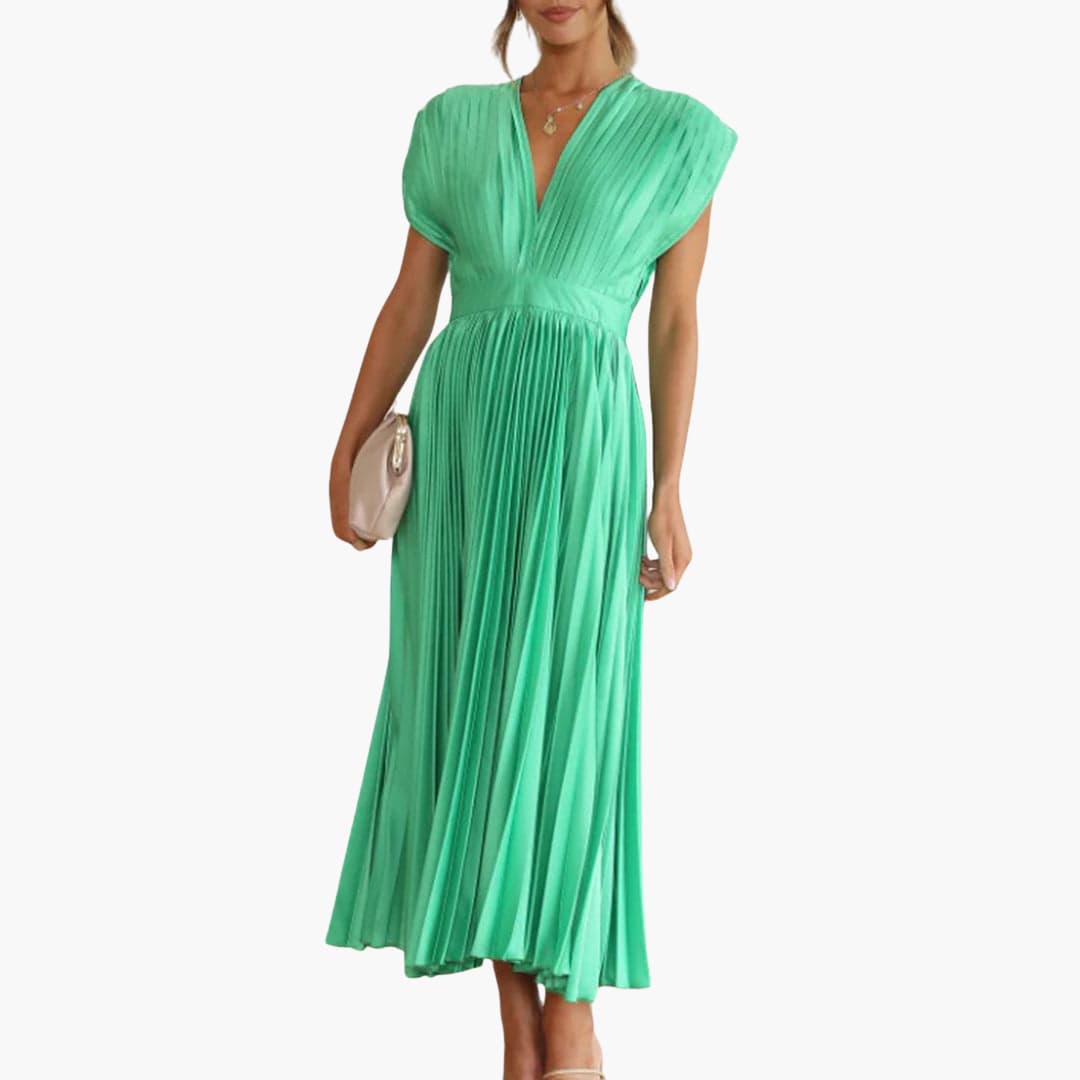 Women’s Midi Dress with Pleated Design and Cap Sleeves
