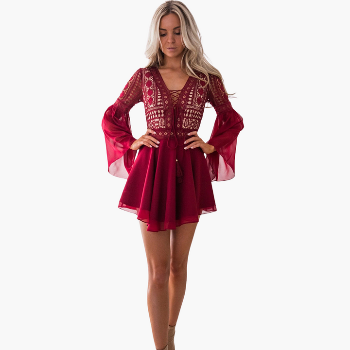 Women’s Mini Dress with Lace‑Up and Bell Sleeves