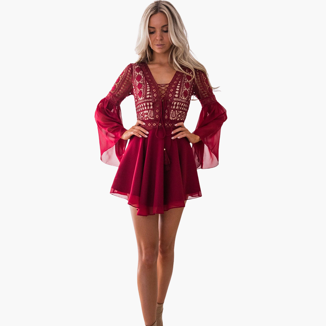 Women’s Mini Dress with Lace‑Up and Bell Sleeves