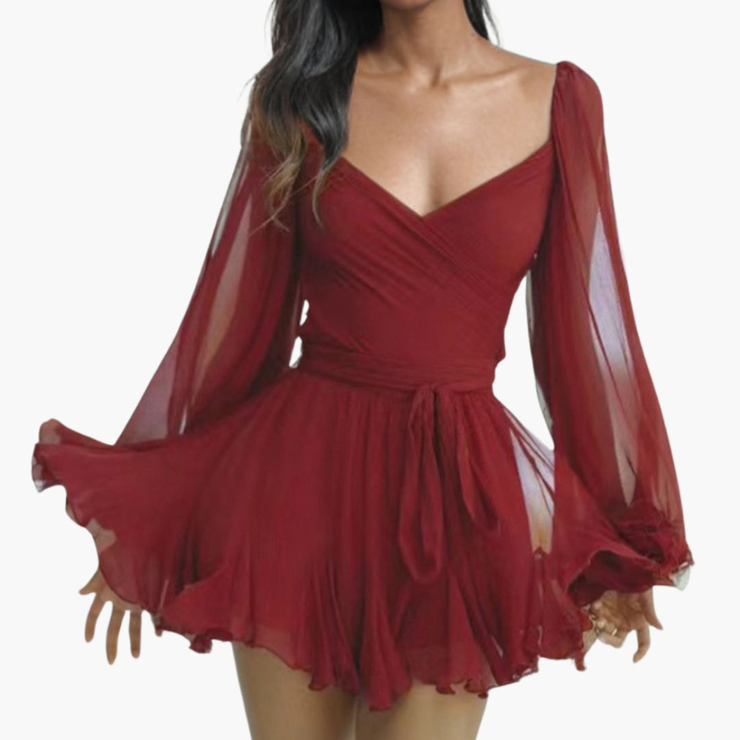 Women’s Airy Summer Mini Dress with Tie Waist and Balloon Sleeves