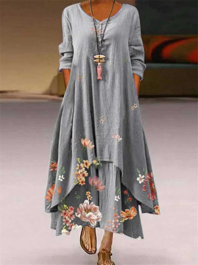 Women’s Maxi Dress with Asymmetric Hem and Long Sleeves